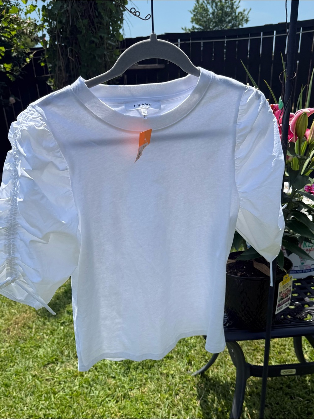 FRAME White Ruched Puff Sleeve Tee Top NWT Size S